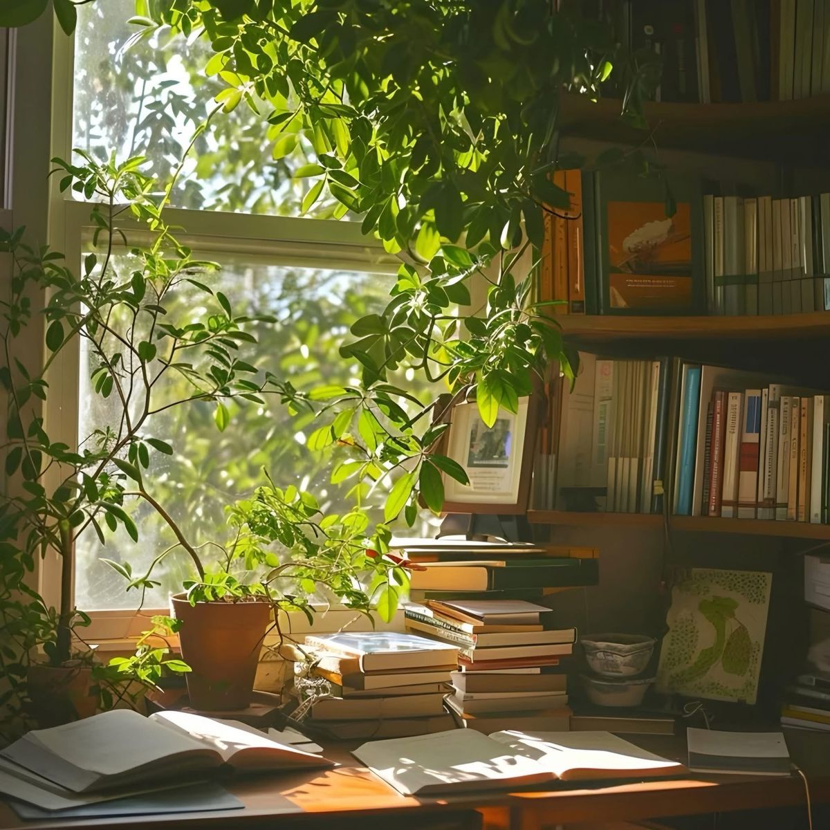Person reading educational materials in a sunlit room with plants